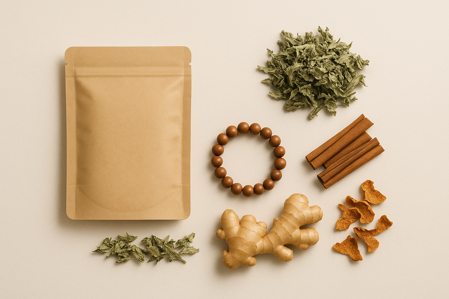 A modern, minimalist hero banner in a clean Instagram-inspired style, featuring an elegant flat-lay of natural wellness products including moxa foot pads in kraft paper packaging without any letters or words, herbal bead bracelets arranged in a harmonious circle, and TCM herbs (mugwort, cinnamon bark, ginger, tangerine peel) on a soft beige background. no text overlay, high resolution, perfect for Shopify hero banner.