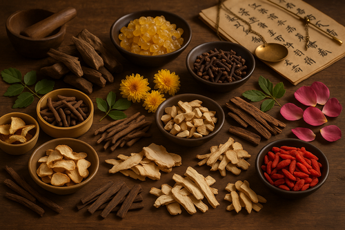 Generate a picture of Herbs: Agarwood, Frankincense, Clove, Spikenard, Chinese figwort, Mulberry leaf, Chrysanthemum, Immature Tangerine Peel,	Chinese Thorowax Root, White Peony root, Tree Peony Bark, Angelica, Goji berry, Rose petals with a traditional Chinese medicine vibe 
