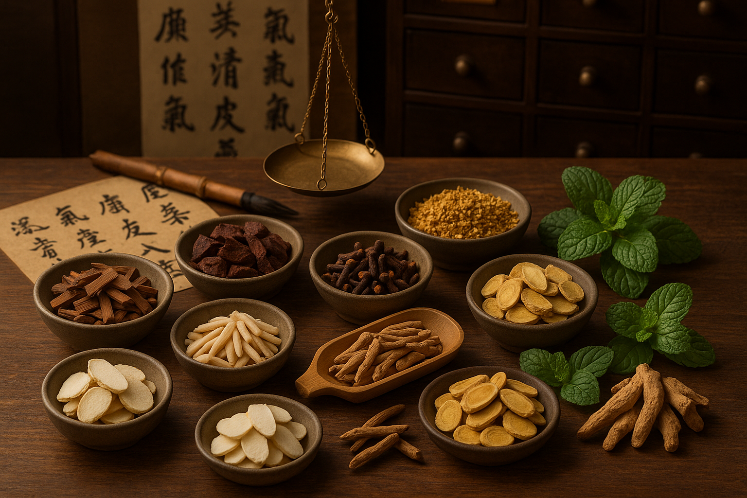 Generate a picture of herbs: Chinese figwort, Sandalwood, Rhubarb, Clove, Gansong, Osmanthus, Bai Zhi, Maidong, Chinese yam, Astragali Radix, Fangfeng, Baizhu, Mint. Present a TCM vibe 