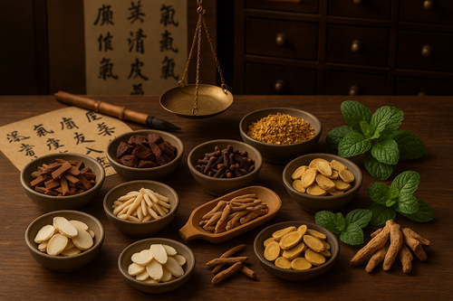 Generate a picture of herbs: Chinese figwort, Sandalwood, Rhubarb, Clove, Gansong, Osmanthus, Bai Zhi, Maidong, Chinese yam, Astragali Radix, Fangfeng, Baizhu, Mint. Present a TCM vibe 
