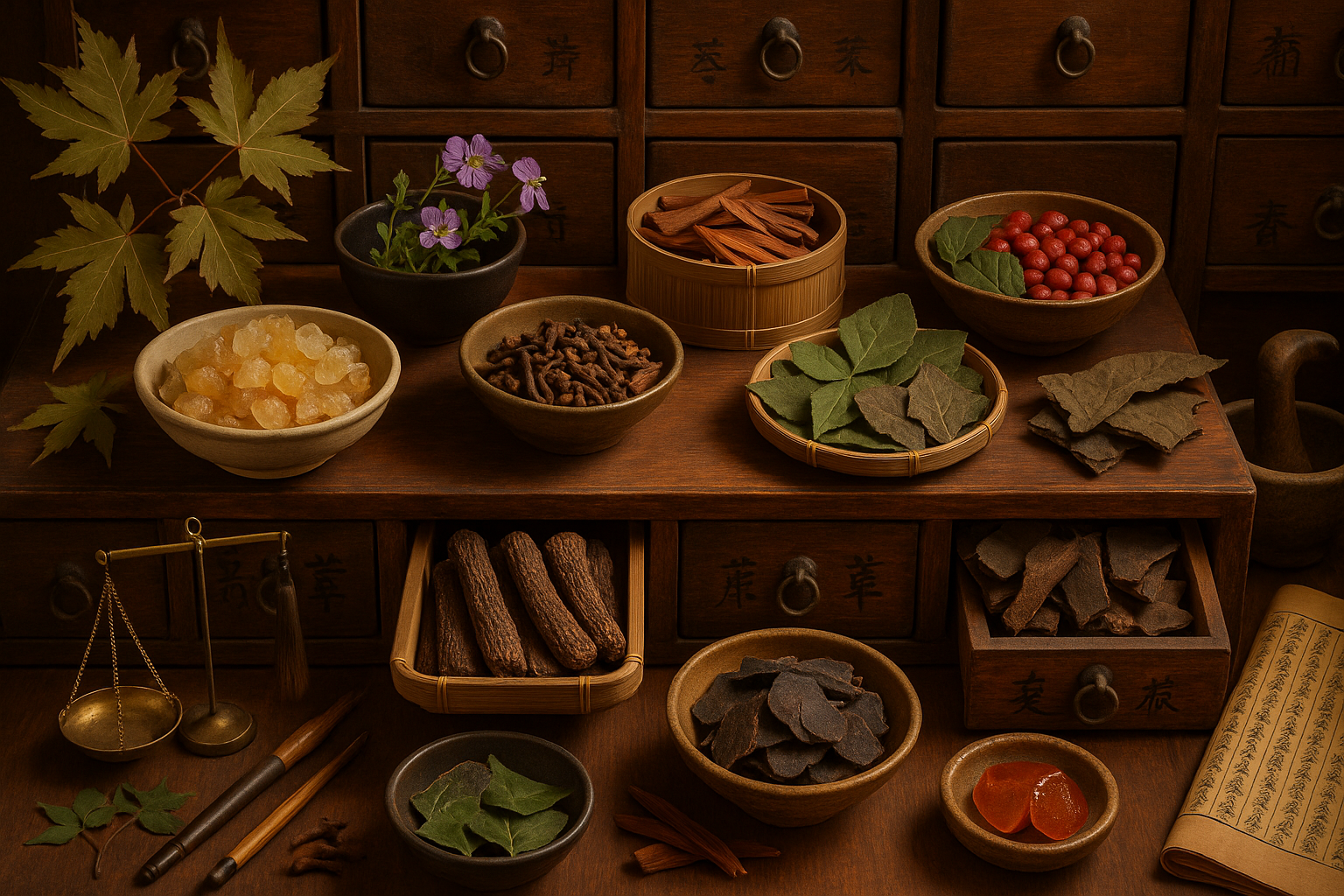 Generate a picture of Herbs: Maple, Chinese figwort, Sandalwood, Frankincense, Clove, Desert-living Cistanche，Rehmannia Root，Eucommia Bark, Horny goat weed, Cinnamon bark, tortoiseshell，  deerhorn glue，Cornus officinalis. Present a TCM vibe 