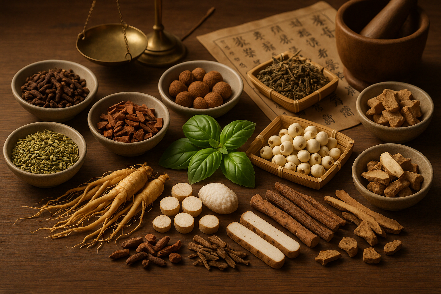 Generate a picture of these herbs with a TCM theme: Fennel, Clove, Sandalwood, Gansong, Ocimum basilicum, Cinnamomum camphora, Ginseng, Baizhu, Fulin, Licorice, Chinese yam, Lotus seed, Villous Amomum Fruit, Agastache Herb, Costusroot
